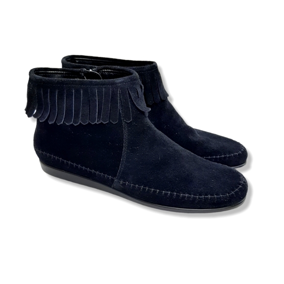 AEROSOLES Shoes - Aerosoles "Linbo" Black Suede Bootie Fringes Moccasin Zip Ankle Boot Size 12